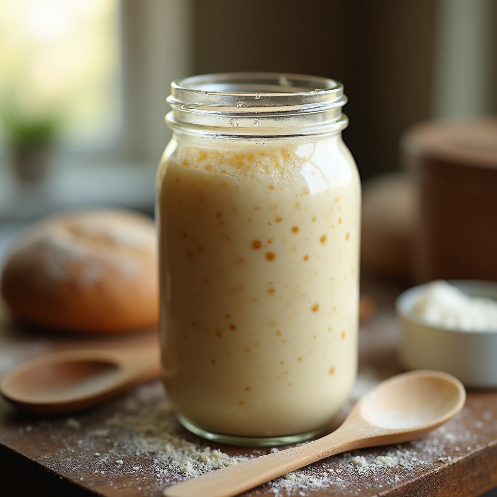 Nahaufnahme eines aktiven Sauerteig-Starters in einem Glas mit Blasen